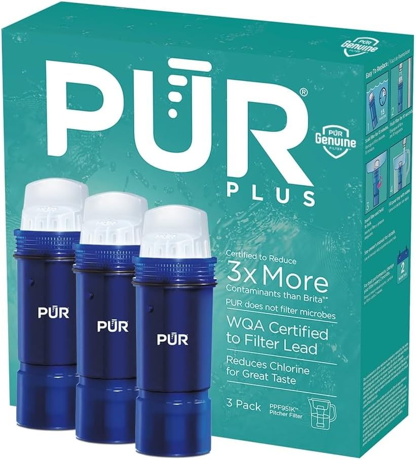 PUR Plus water filter replacement cartridge in blue, showing dimensions and packaging