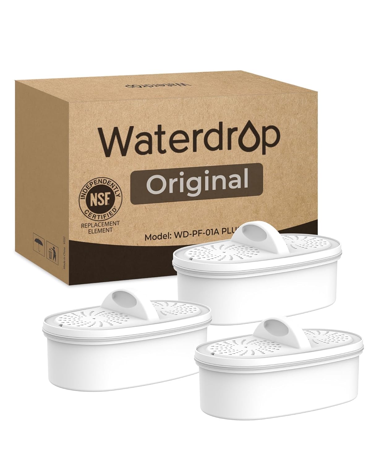 Waterdrop replacement filter installed in a pitcher on a kitchen counter