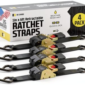 DC Cargo Mall Auto Retractable Ratchet Straps (4-Pack) 1” x 6ft, Heavy Duty, 1,522lb Break Strength – Tie Down Straps for Cargo, Truck, Trailer, Motorcycle, Boat-0
