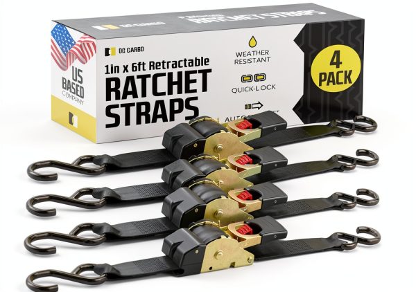 DC Cargo Mall Auto Retractable Ratchet Straps (4-Pack) 1” x 6ft, Heavy Duty, 1,522lb Break Strength – Tie Down Straps for Cargo, Truck, Trailer, Motorcycle, Boat-0